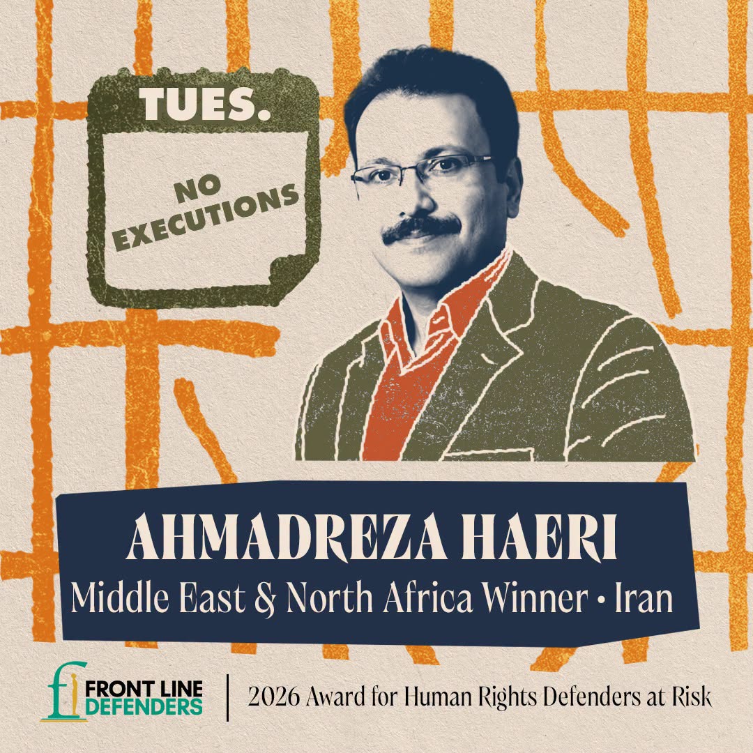 FrontLineHRD's tweet photo. 📢 On World Day Against the Death Penalty, we highlight the 2026 Front Line Defenders Award MENA regional laureate: Iranian human rights defender Ahmadreza Haeri, one of the initiators of the prisoner-led "No to Death Penalty on Tuesdays" campaign.

🔗 Read more: https://t.co/7uyFPwdRsg