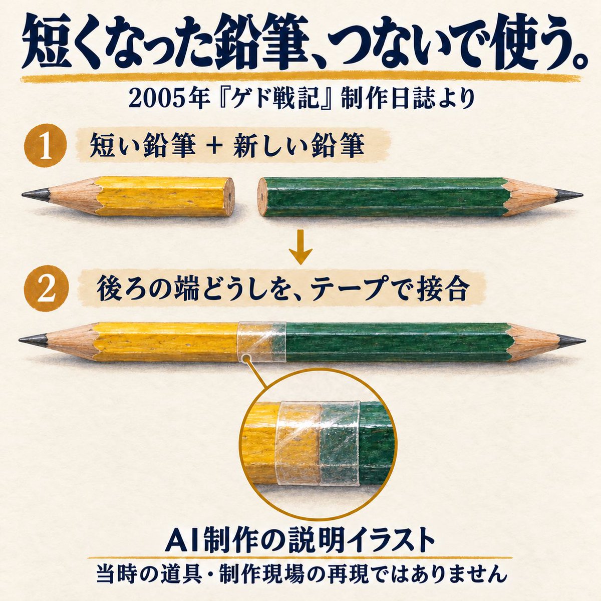 mitarashi_base's tweet photo. 短くなった鉛筆を、新品の後ろにつないで使う✏️

ジブリの2005年『ゲド戦記』制作日誌に載っていた工夫。
丸い端では接合しにくく、平らに削ってテープでつないでいたそう。

描く道具にも、現場の知恵！
https://t.co/HSRwwpqoUZ
#ジブリ #アニメ制作 #文房具 https://t.co/QBsD0GYHQI