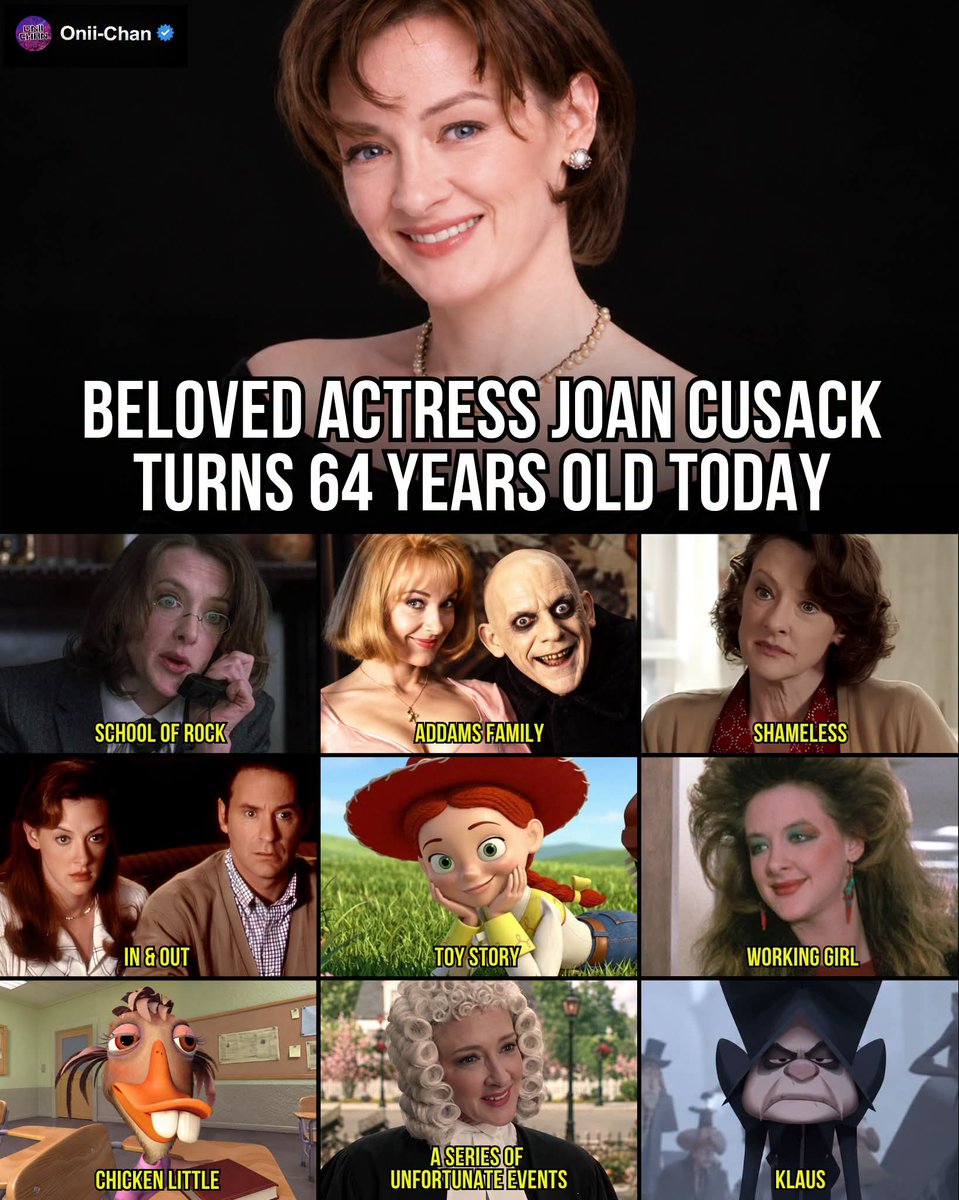 oniichanph's tweet photo. Toy Story and Addams Family Legend Joan Cusack Celebrates 64 Years! 🎂🎬

Joan Cusack has built a career around characters who are quirky, heartfelt, and impossible to forget. She became especially beloved as the voice of Jessie in the Toy Story franchise, while live-action roles in Addams Family Values, School of Rock, Working Girl, and Shameless showed just how effortlessly she could move between comedy, drama, and eccentric character work.

Her voice acting has also reached beyond Pixar, with memorable roles in Chicken Little, Klaus, Hoodwinked Too! Hood vs. Evil, and Mars Needs Moms.

Some of her most memorable roles include:
Jessie (Toy Story Franchise) 
Debbie Jellinsky (Addams Family Values)
Principal Rosalie Mullins (School of Rock)
Sheila Jackson (Shameless)
Abby Mallard (Chicken Little)
Cynthia (Working Girl)
Emily Montgomery (In & Out)
Justice Strauss (A Series of Unfortunate Events)
Mrs. Krum (Klaus) — Voice
Verushka the Witch (Hoodwinked Too! Hood vs. Evil) 
Mom (Mars Needs Moms) 
Joan Carlyle (Ice Princess)
Jane Bloomwood (Confessions of a Shopaholic)
Marcella Mayes (Grosse Pointe Blank)

Across animation, comedy, and television, Joan Cusack has consistently brought warmth, wit, and personality to every character she plays.

Happy 64th Birthday, Joan Cusack! 🎉🎙️