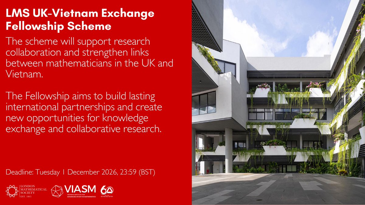 LondMathSoc's tweet photo. We are now taking applications for the first LMS UK-Vietnam Exchange Fellowship, which aims to foster new research partnerships, facilitate knowledge exchange, and encourage long-term collaboration between the two countries.

Deadline: 1 Dec

Apply now ➡️ https://t.co/zwcUCip7S4 https://t.co/d28UoVtnGr