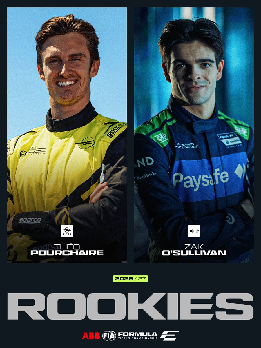 FIAFormulaE's tweet photo. Rookies reporting for the 2026/27 season 🫡

Who’s ready to see @TPourchaire and @ZakOSullivan on the grid? 🙋

#FormulaE https://t.co/AJqJJE4m25