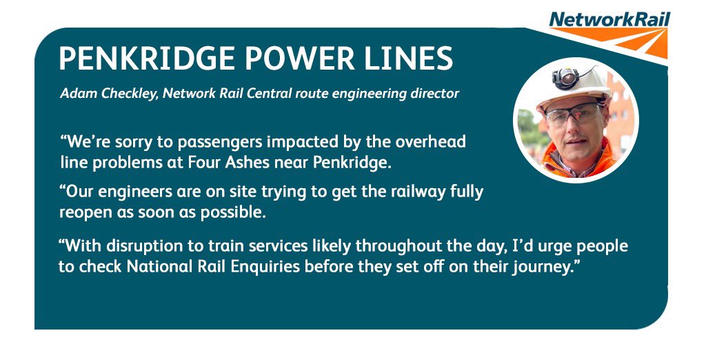 networkrailWCML's tweet photo. 🙏PASSENGER APOLOGY🙏

⚡️We’re sorry for the disruption caused by the overhead line fault between Stafford and Wolverhampton

👷🏼‍♂️Our teams are working hard to get trains running again⚡️

👉🏻Read more here https://t.co/PEUTngjYBS

‼️Please check @nationalrailenq https://t.co/yVfdnCezEI
