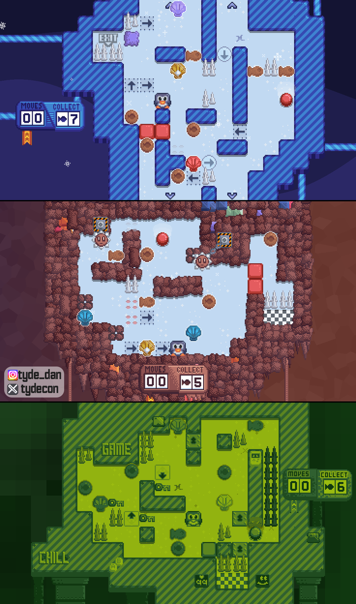 tydecon's tweet photo. Happy #ScreenshotSaturday - here's the latest on Super Slidey Penguins! Which zone is your favourite? ๐ง๐ #IndieDev #GameDev #IndieGame #Gamer #WIP #WorkInProgress #PixelArt #PixelDev #PuzzleGame https://t.co/bvmuKjNkmz