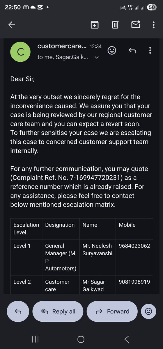 ja22553316's tweet photo. Day 50 with @TataMotors_EV! Tigor EV (MH01EB0430) stuck at MP Motors Nashik since 22 Aug. L2/L3 officers unresponsive &amp; phones off. ₹40k+ cab cost. No loaner car. See attached report! Consumer Forum on 13 Oct. Ref: 7-169947720231 @TataMotors @ShaileshChandraM https://t.co/DyhhLGl9l2
