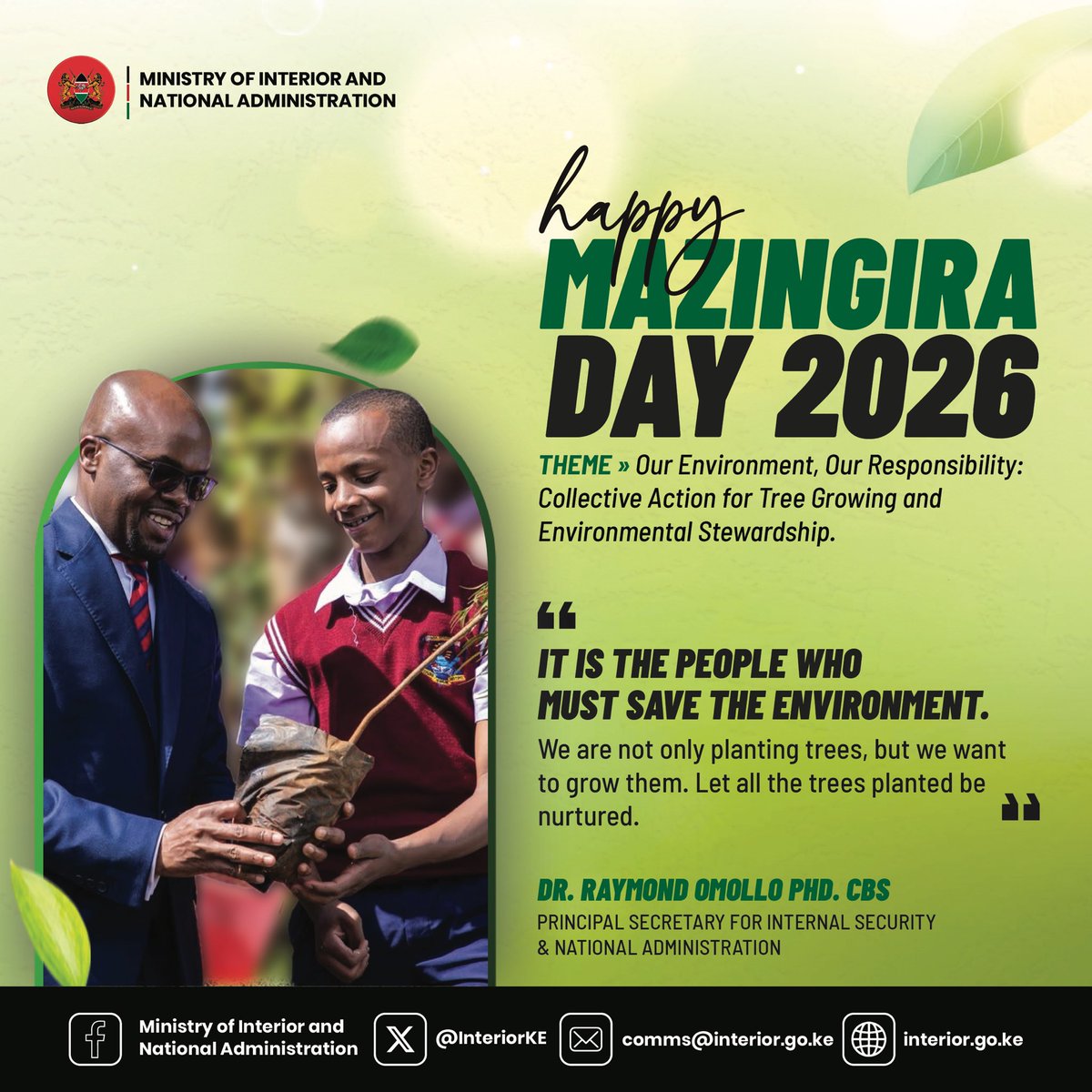 InteriorKE's tweet photo. Mazingira Day 2026 brings together a whole-of-government, whole-of-society approach through coordinated national action, with the Presidential Green Challenge at its centrepiece, targeting the planting of over 5.1 million trees within one hour.

The Principal Secretary for Internal Security and National Administration, Dr. Raymond Omollo, is in Lambwe Forest, Homa Bay County, joining communities in this nationwide environmental restoration exercise.

Watch live: https://t.co/a4YPsIantb