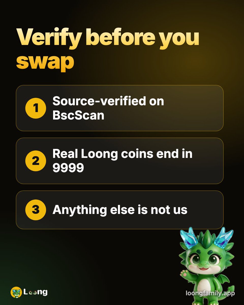loongfam's tweet photo. Loong contract is source-verified on BscScan.

Always check the CA before you trade:
0x7b567d44f79e14d3a0f00fd9690e3742f04a9999

Anything else using the Loong name is not us. https://t.co/CBfVdnSKbS