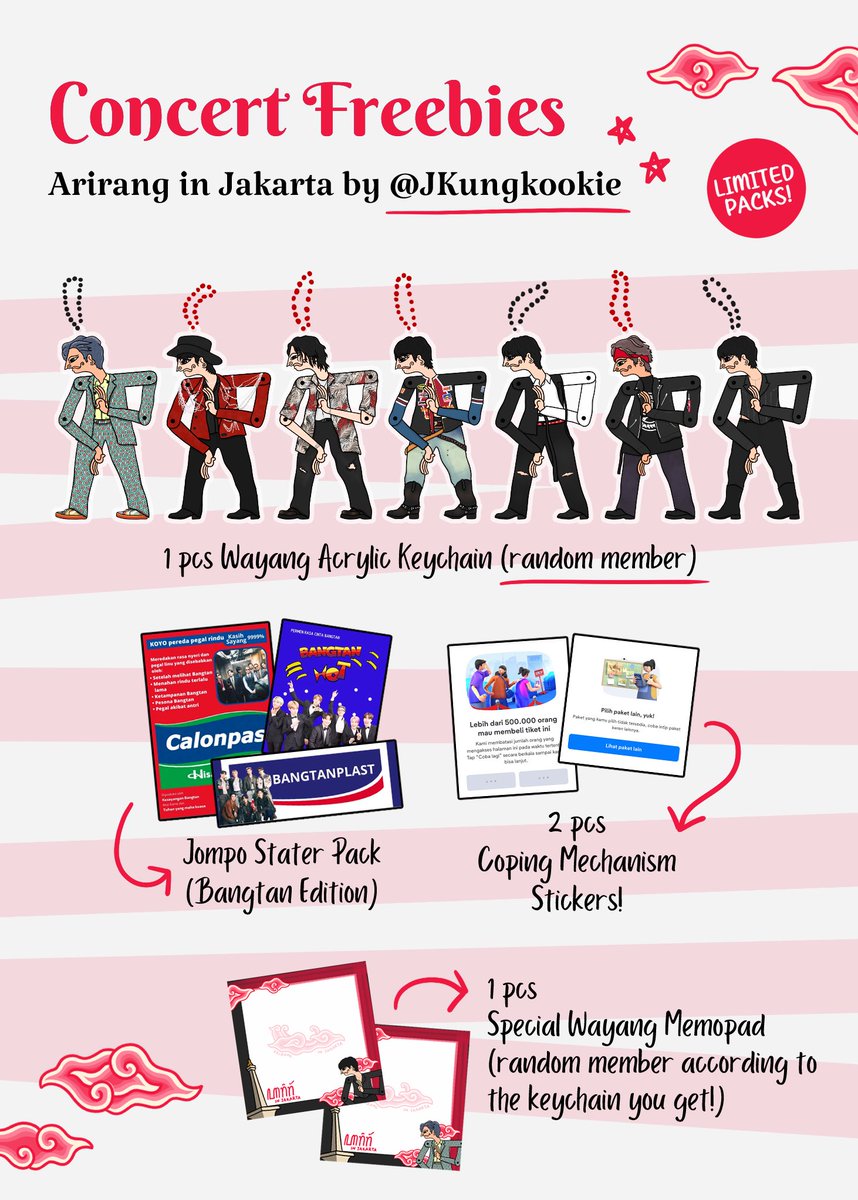 JKungkookie's tweet photo. Arirang Concert Freebies for BTS in Jakarta Day 1 &amp; 2 💜✨

What you’ll get:
- 1 keychain of BTS member in Wayang version
- 2 stickers (from tickets war 🤪)
- 1 Hansaplast
- 1 Hot Salonpas
- 1 Hot Hot Pop candy
- 1 Memopad 

Kindly help to RT, please! Thank you! 🙏 https://t.co/DmvZn3pYaq