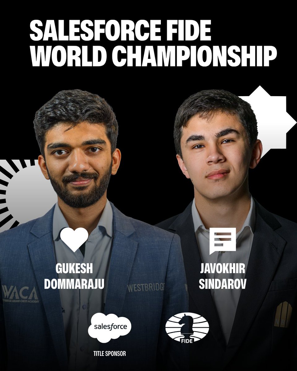 FIDE_chess's tweet photo. ♟️ Who are you rooting for in the Salesforce FIDE World Championship Match 2026?
                                                                                                                                                  
❤️ Hit like to support Gukesh
 💬 Leave a comment to support Sindarov
 
Let’s see who gets more support!
📍 Geneva, Switzerland 🇨🇭  
 🗓 Game dates: November 24–December 12
 
#GukeshSindarov
