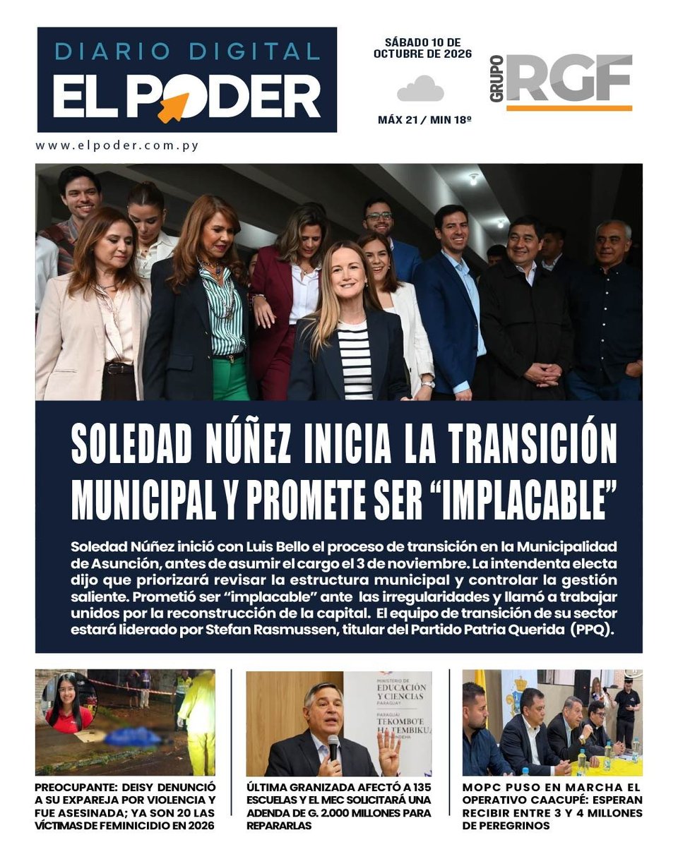 elpoderpy's tweet photo. ¡Buenos días! Empezá tu jornada bien informado.
📰 Portada de nuestro diario #ElPoderPy del sábado, 10 de octubre de 2026.
🗞️ Te compartimos también los temas más destacados de los diarios nacionales.
Seguinos en: 📲 Facebook 📲 Tik Tok 📲 Ig
#TapasDeDiarios #Noticias https://t.co/lW3vrQBKd7