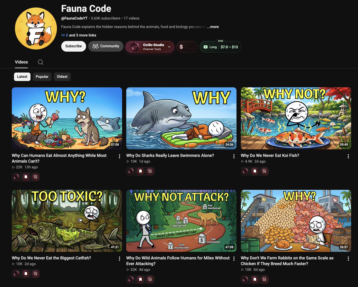 ozillocom's tweet photo. A 25-day-old channel turned “why do animals do that?” into 1.5M views. 🤯

17 videos, 3.6K subscribers, and a format simple enough to repeat almost forever. This one is worth stealing lessons from.

The channel is Fauna Code, and the niche is basically everyday animal questions packaged like little mysteries.

“Why do sharks leave swimmers alone?”
“Why don’t wild animals attack humans?”
“Why do we never eat koi fish?”
“Why don’t we farm rabbits like chickens?”

That’s the smart part. They’re not trying to make “animal documentaries.” That would be way too broad.

They take familiar animals, food, biology and human behavior, then find the one question people never thought to ask. 
The viewer already knows what a shark, koi fish or rabbit is. The curiosity comes from realizing they don’t know the answer to something that suddenly feels obvious. 🧠

And the packaging barely changes. Bright cartoon thumbnails, one clear situation, huge WHY? / WHY NOT? language, then a title that completes the curiosity gap. You can understand the entire video idea in about two seconds.

That gives the channel a very useful content engine too. Animals are basically endless. Once the format is proven, you can move through predators, pets, farming, food, evolution, strange behaviors and human-animal relationships without breaking the channel’s identity.

The audience quality is another big plus: U.S. leads the traffic, followed by the UK, Canada and Australia. 💰

Now, I wouldn’t call every animal channel an opportunity because this one is working. That’s lazy niche research.

What I would study is the question-first format.

25 days. 1.46M+ views. A clear visual system. Endless topic supply.

That’s a pretty healthy combination for a faceless channel. 👀

And we don’t really have to hunt for channels like this anymore. Ozillo Studio basically puts them in front of us. :)