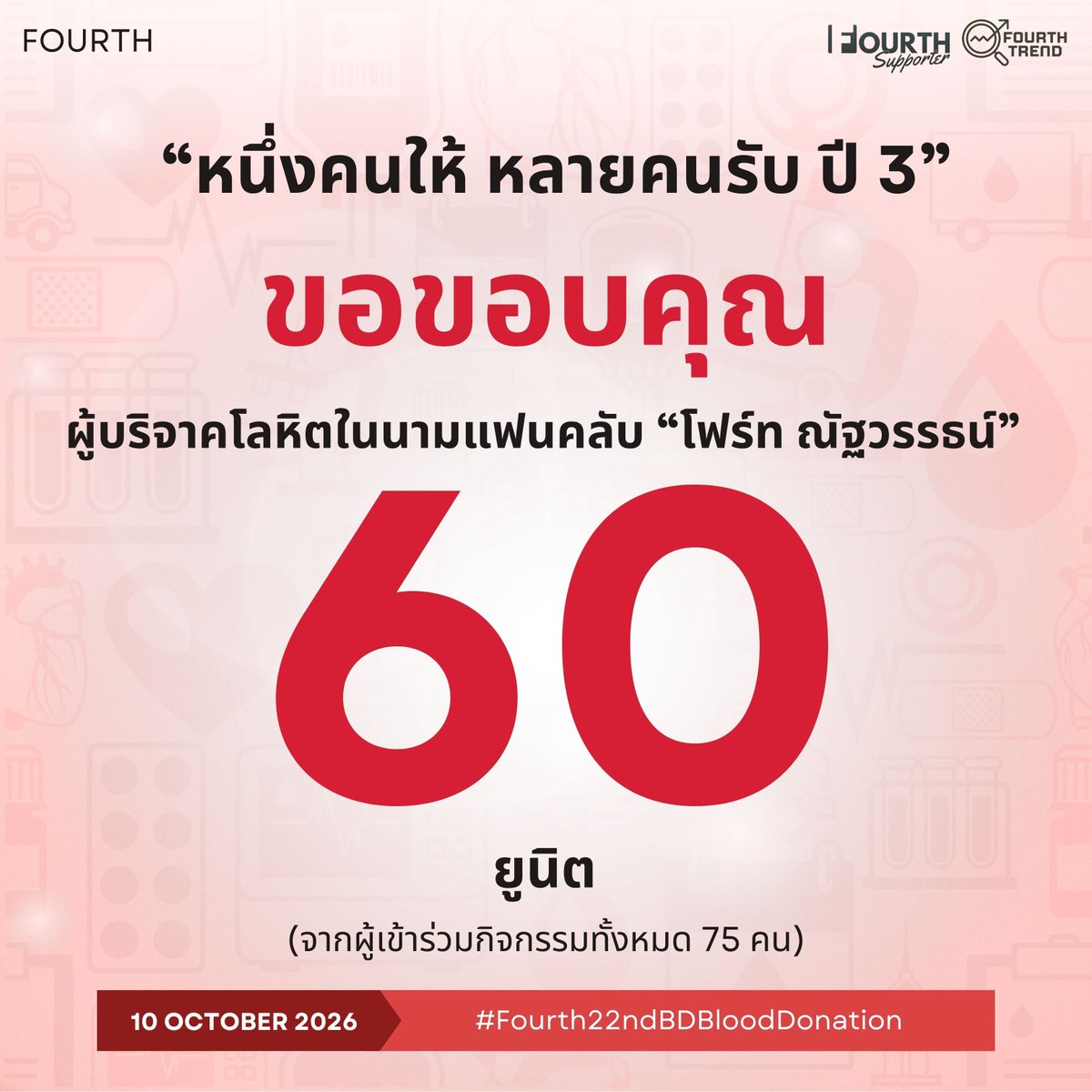 ForSupFourth's tweet photo. FOURTH'S BIRTHDAY PROJECT 2026 ✨️
— #Fourth22ndBDBloodDonation 

“BLOOD DONATION”
60 คนให้...หลายคนรับ ❤️

ขอบคุณทุกคนที่มาร่วมสะสมยูนิตในนาม "โฟร์ท ณัฐวรรธน์" ร่วมกัน และขอขอบคุณทุกๆคนที่ร่วมกิจกรรมบริจาคโลหิตในวันเกิดน้องโฟร์ทปีนี้ จากทุกพื้นที่นะคะ 💙

@tawattannn
#Fourthnattawat #โฟร์ทณัฐวรรธน์
