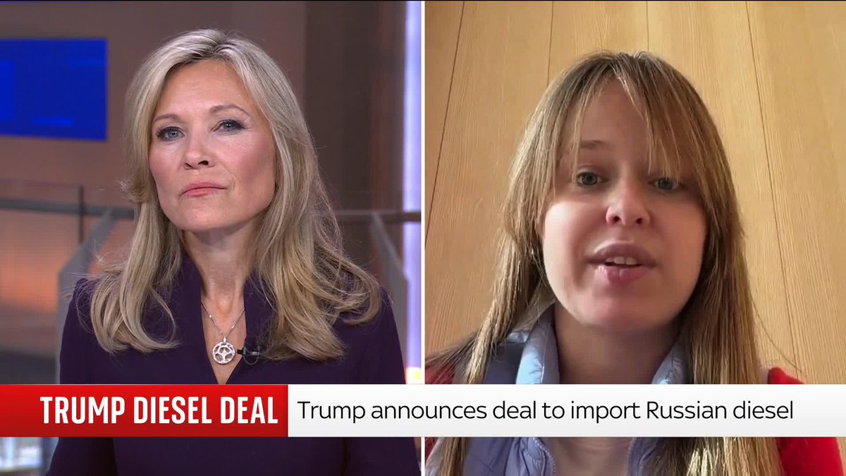 A split-screen news broadcast shows an anchor on the left with a chyron reading 'TRUMP DIESEL DEAL: Trump announces deal to import Russian diesel,' and a blonde interviewee on the right.
