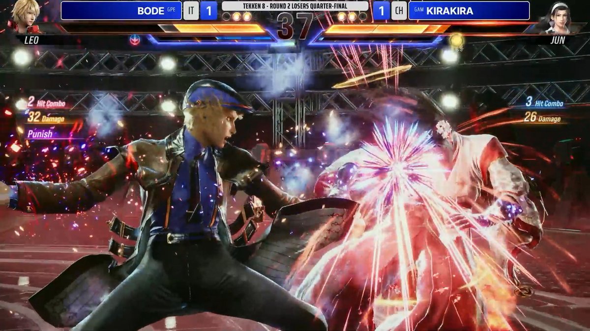 A Tekken 8 match between BODE (Leo) and KIRAKIRA (Jun) ends in an explosive clash, with both fighters dealing simultaneous 2-hit and 3-hit combos (32 and 26 damage respectively) as the round timer shows 37 seconds remaining in this tied 1-1 Losers Quarter-Final battle.