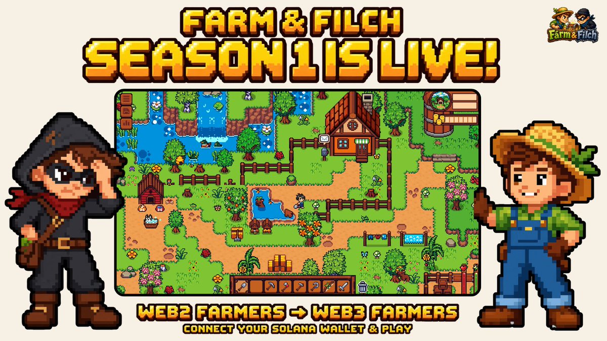 FarmFilch's tweet photo. From Web2 farmers to Web3 farmers 🌾

🎮 Play now: https://t.co/VyoACW46rf

Farm & Filch Season 1 is officially LIVE!

Connect your Solana wallet, grab your tools, and get back to farming 🙌

Your crops can get filched. Filching never gives another player access to your wallet.

More events for Web3 gamers are on the way. See you on the farm 🥷

📖 Wallet guide: https://t.co/5yWHwHKvF1
💬 Join us: https://t.co/50b2PWsGgR

#farmfilch @gamefi #FarmingGame #GameWeb3