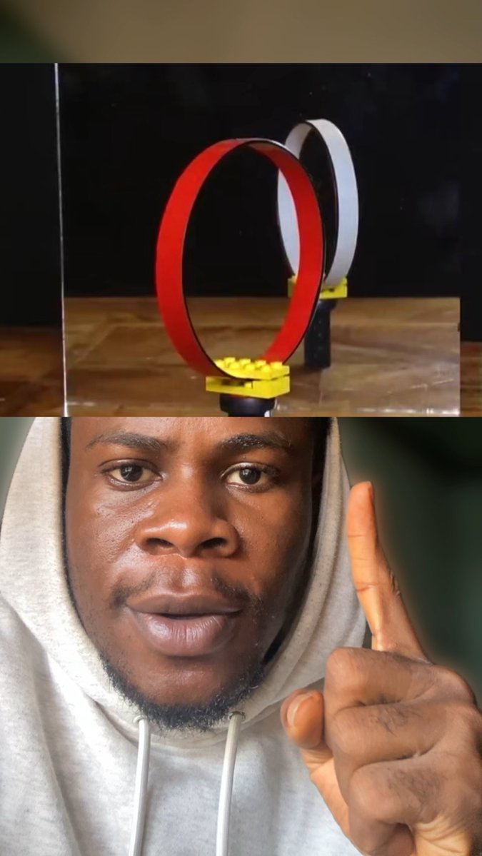 A split image showing a top portion with red and white circular rings mounted on yellow Lego bases, and a bottom portion featuring a man in a light gray hoodie pointing his index finger upward.
