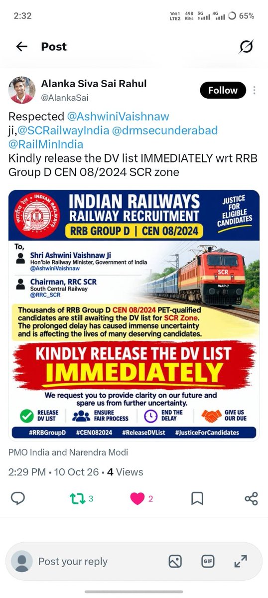 bahhs54429's tweet photo. #CEN082024_DV RESULT_DO

@AshwiniVaishnaw @Q_ResponseSCR @gmscrailway @SCRailwayIndia @narendramodi @drmhyb @drmsecunderabad @RailMinIndia
@rrbsecunderabad
#CEN082024_DV_RESULT_DO https://t.co/dvLFUnPLV7