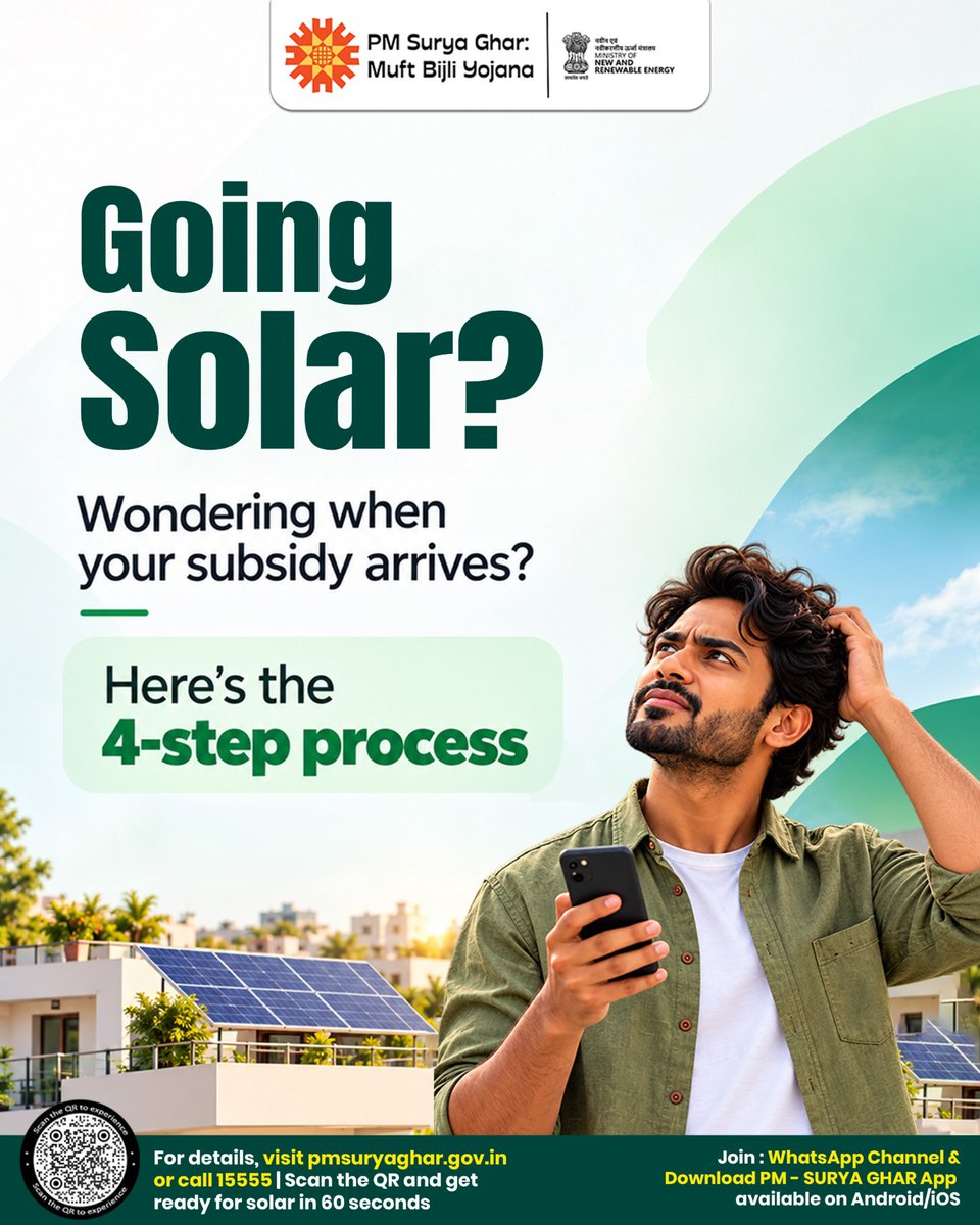 PMSuryaGhar's tweet photo. Getting the subsidy is a step-by-step process. Knowing what happens after installation helps you stay prepared.

#Subsidy #GoingSolar #Process #SolarInstallation #GuideToGoSolar #SevaSankalpAbhiyan https://t.co/r2ut6GkbkR