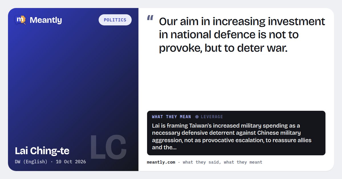 Meantlyhq's tweet photo. 🔥 Lai Ching-te: “Our aim in increasing investment in national defence is not to provoke, but to deter war.”

Lai is framing Taiwan's increased military spending as a necessary defensive deterrent against Chinese military aggression, not…

#LaiChingTe #China #Taiwan #Politics https://t.co/BTIGPFyteK
