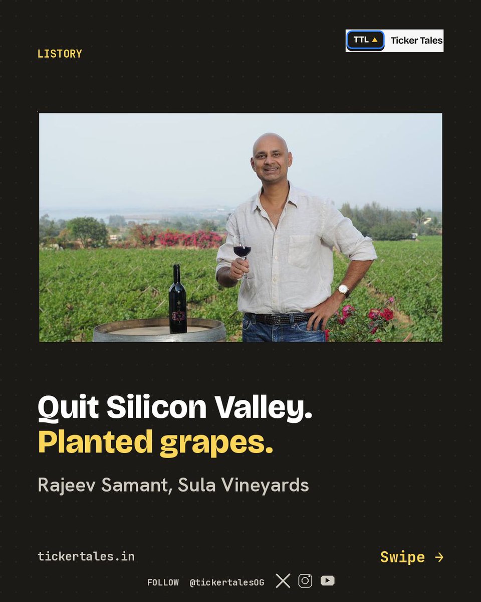 tickertalesOG's tweet photo. He quit Oracle in Silicon Valley, backpacked for a year and went home to plant grapes on a Nashik farm that grew roses and mangoes.

India had almost no wine culture in 1999. Sula now holds roughly 65% of the market.

https://t.co/N7Lx4u7dZl https://t.co/WJWUImiVIt