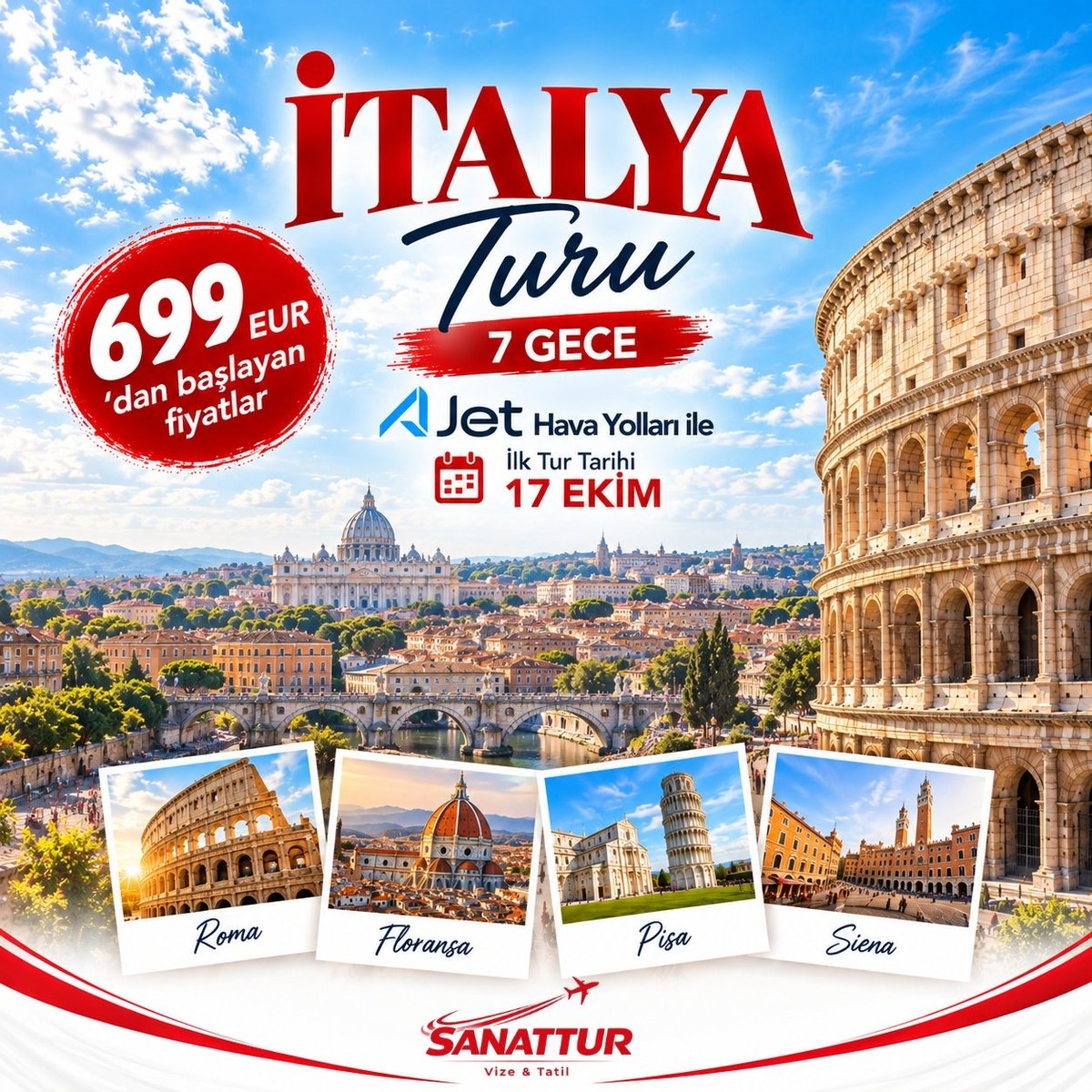 sanattur's tweet photo. İTALYA TURU BAŞLIYOR!

Roma’nın büyüleyici sokakları, Floransa’nın sanat dolu meydanları, Pisa’nın ikonik kulesi ve İtalya’nın eşsiz güzellikleri sizi bekliyor! ❤️

✈️ AJET Hava Yolları ile
🗓️ 7 Gece
💶 699 €’dan başlayan fiyatlarla
📅 İlk tur tarihi: 17 Ekim
Tarihin, sanatın, lezzetin ve romantizmin buluştuğu İtalya’da unutulmaz bir yolculuğa hazır mısınız? 🇮🇹
Hayallerinizi ertelemeyin, İtalya’yı Sanattur ile keşfedin! ❤️
📩 Detaylı bilgi ve rezervasyon için bizimle iletişime geçin.

Sanattur, tatilin adresi budur! ✈️

#Sanattur #İtalyaTuru #İtalya #Roma #Floransa #Pisa #Ajet #YurtdışıTurları #AvrupaTuru #Seyahat