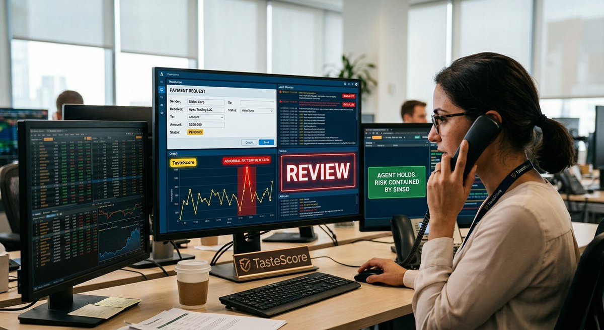 abiola_osuolale's tweet photo. A payment request hits the system.
Everything looks normal at first glance.
TasteScore scores the destination live, detects abnormal patterns, and issues REVIEW.
The agent holds. Risk contained by $INSO.
#TasteScore #AutonomousFinance #WalletSecurity https://t.co/7J5jrbXtDn