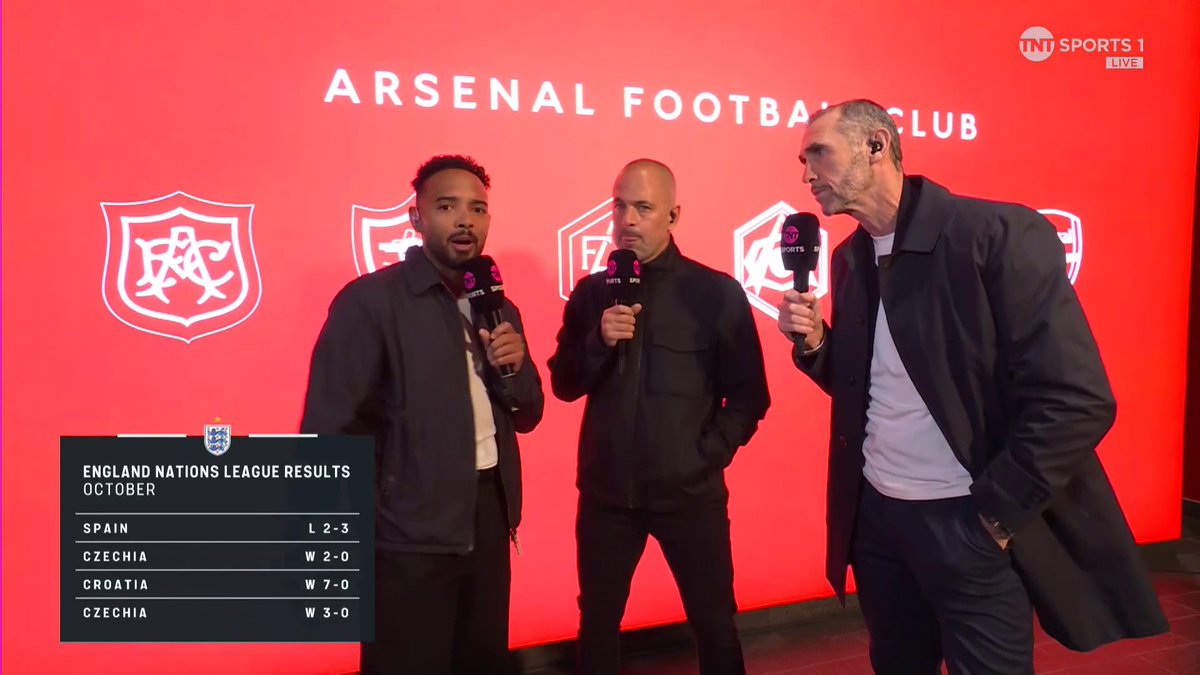 TNT Sports pundits Joe Cole, Rio Ferdinand, and Martin Keown discuss England's Nations League results in October (L 2-3 vs Spain, W 2-0 vs Czechia, W 7-0 vs Croatia, W 3-0 vs Czechia) at the Emirates Stadium, advocating for Cole Palmer to join Kane, Bellingham, and Rogers in the lineup.