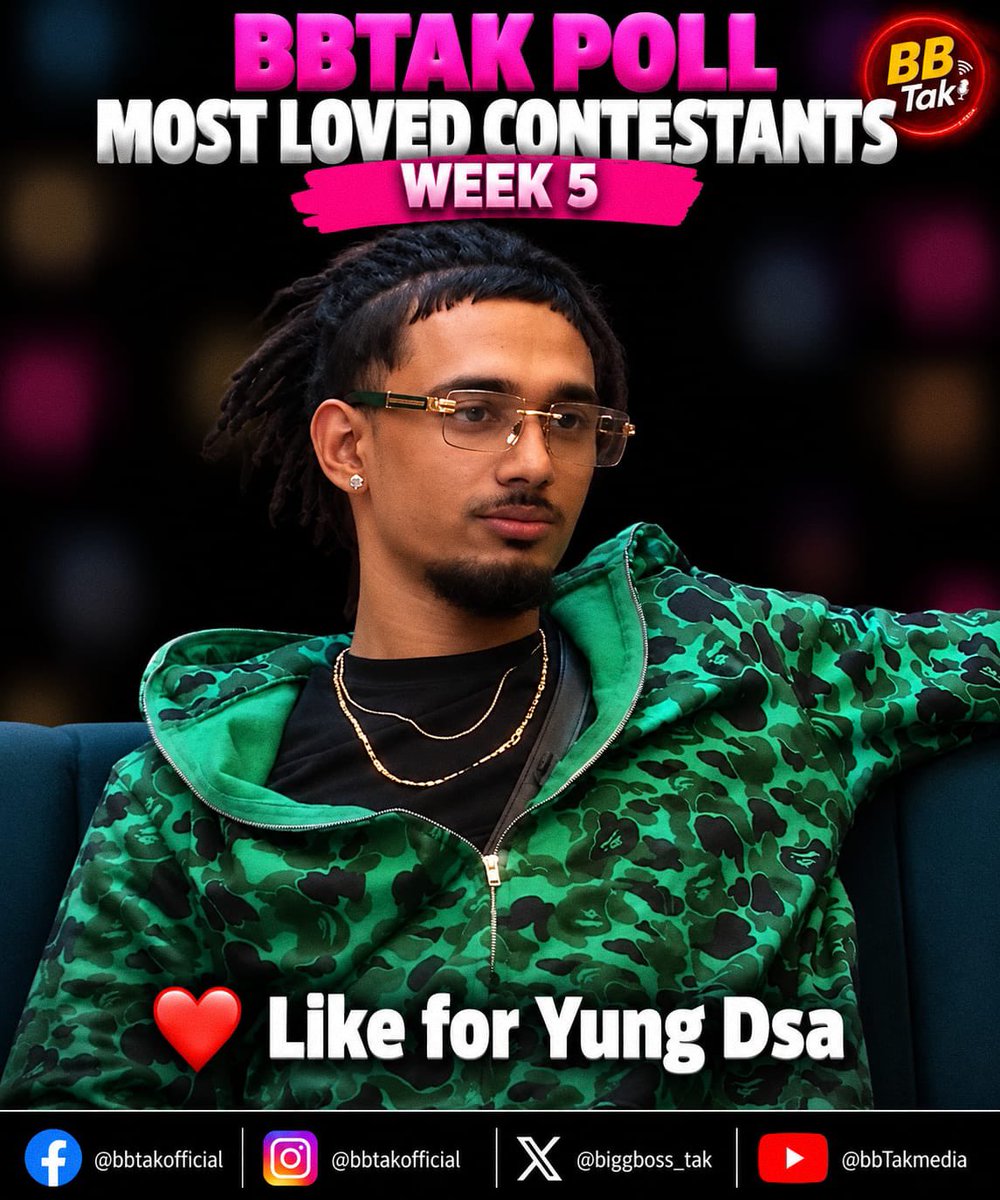 BiggBoss_Tak's tweet photo. 🚨 Biggest & Most Authentic #BBTak Poll - #BB20 Week-5🚨

❤️ Like this post if you're supporting #YungDSA in #BiggBoss20 

🗳️ Poll ends tomorrow (Sunday) at 8:00 PM.

📌 Note: #BBTak Poll results are based on the total number of likes received on contestants' posts across our Instagram, X (Twitter) & Facebook pages.

Poll also active on Facebook and Instagram.