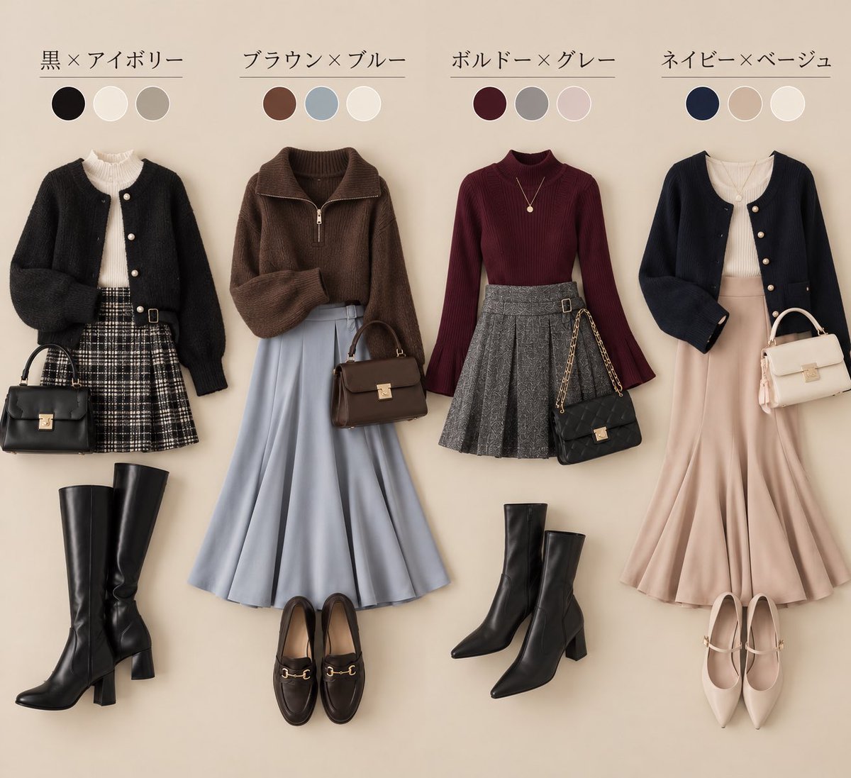 aka___xxxx's tweet photo. 高見えする秋の配色4選🍂
いつもの秋服も、色合わせで雰囲気が変わる♡ https://t.co/ixNsr5M27P