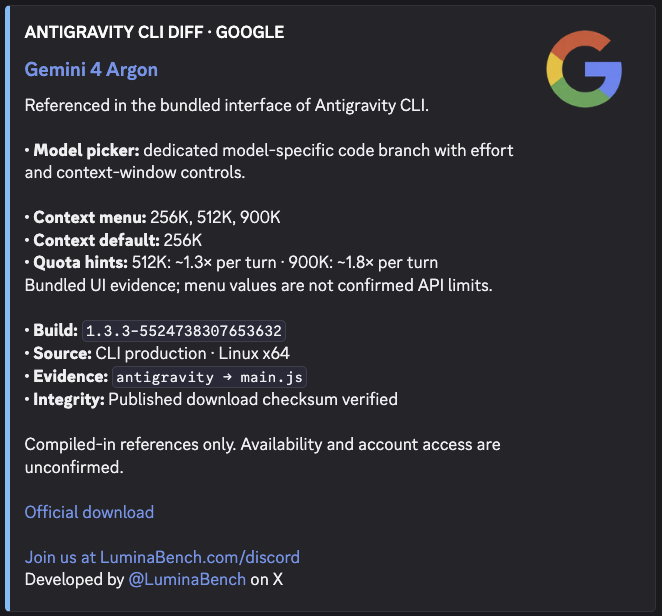 LuminaBench's tweet photo. Everything looks ready for Gemini 4 Argon now

Argon is all setup in Antigravity and all old models are leaving soon

Google please just release this thing already https://t.co/4mf097RtLu