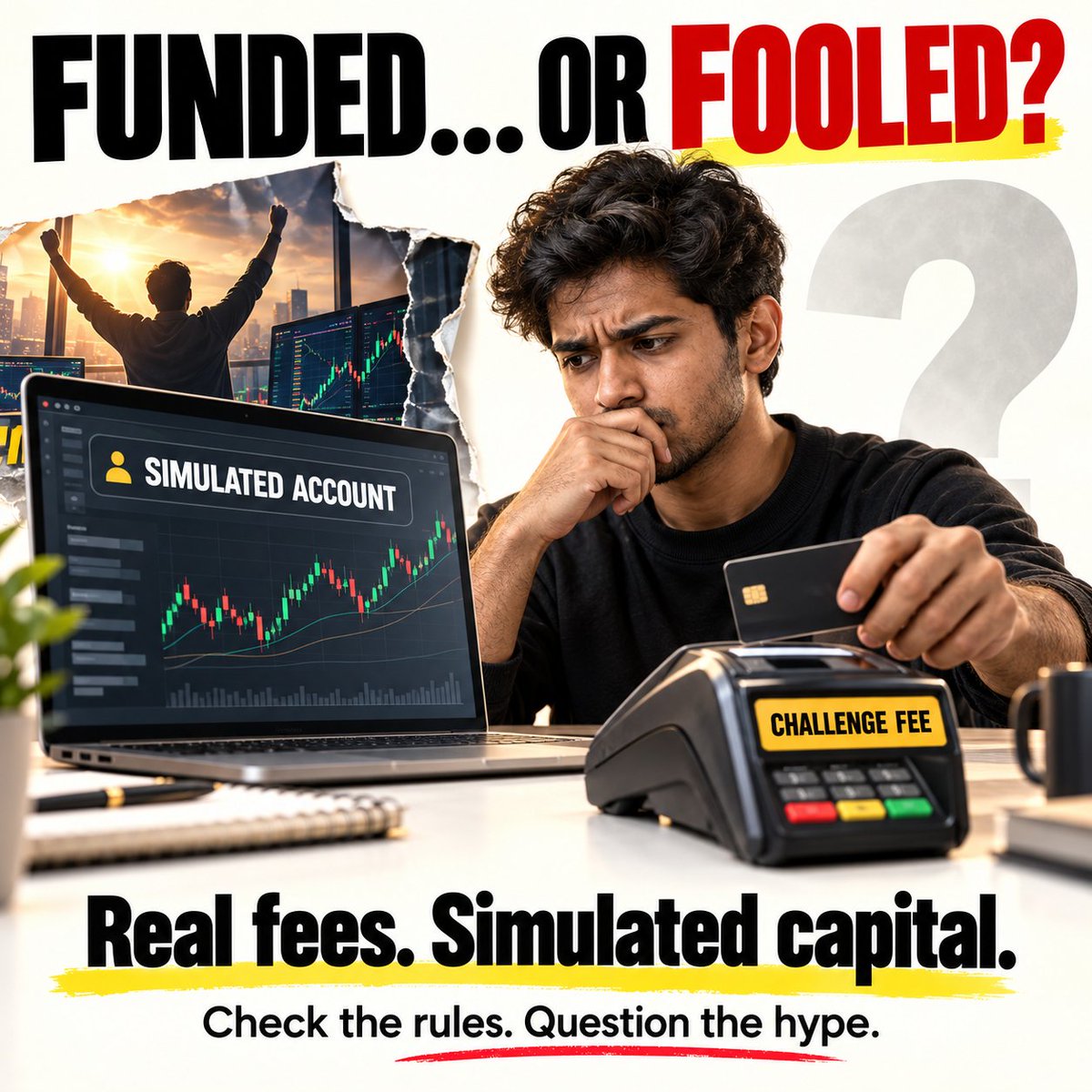 CryptoFlix0's tweet photo. Your challenge fee is real. Is your “funded capital” real too?

I keep seeing ads offering huge funded accounts for a small upfront fee. But “funded” doesn’t always mean your trades are being executed with real capital.

FTMO describes its accounts as using fictitious capital. FundedNext offers simulated post-challenge accounts. Topstep’s Express Funded Account is simulated, with a separate route toward live funding.

Simulation alone doesn’t prove fraud. The concern is what you pay for, how rewards are funded, and what the contract actually promises.

For Muslims, there’s another question before profit: is the arrangement halal?

If the structure amounts to paying a stake for a chance to win money, it raises a serious gambling concern. Gambling and earnings from it are haram. The actual contract and traded instruments need review by a qualified Islamic finance scholar, not reassurance from a referral promoter.

Payout screenshots don’t prove a business is sustainable, trustworthy or Shariah-compliant. Someone earning commission from your signup has a reason to sell you the dream.

Ask whether trades are live or simulated, what can invalidate payouts, and how much repeated challenges and resets will cost.

Don’t confuse a screen balance with money you own or a payout with proof that the income is halal.
