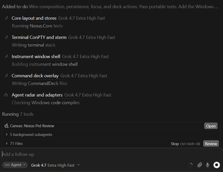 neuraldashnexus's tweet photo. Weekend, chill time!

Working on,

Nexus UI — everything you build, one canvas.

Terminals were built for tabs. This one is a Windows workspace where agents, shells, SSH, logs, and a browser sit on the same surface and stay where you left them.

Listening to Boom bap music on YouTube Premium, Cursor open with Five subagents walking the PRD.
 Model of choice for the build today: Grok 4.7 Extra High Fast.

Thanks,
@cursor_ai @elonmusk @grok