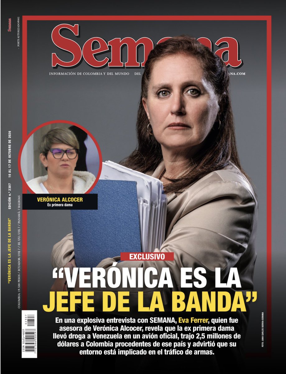 VickyDavilaH's tweet photo. En una explosiva entrevista con SEMANA, Eva Ferrer, quien fue asesora de Verónica Alcocer, revela que la ex primera dama llevó droga a Venezuela en un avión oficial, trajo 2,5 millones de dólares a Colombia procedentes de ese país y advirtió que su entorno está implicado en el tráfico de armas. 

Investigación periodística de Natalia Cortés.

#LaJefeDeLaBanda 

https://t.co/nLgyqkQJ15