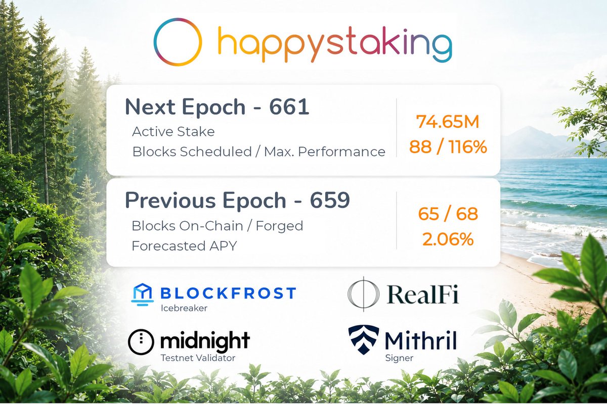 happystaking's tweet photo. The leaderlog for epoch 661 is here.

 💰 Active stake 74.65M $ADA
 🟦 88 blocks assigned
 🍀 Luck at 116% 🤩

We donate 75 EUR monthly to reforestation, plastic cleanup and ocean conservation. Join us in our mission for a cleaner and greener planet! 🌍🌳
The ticker is HAPPY 🥳 https://t.co/GYrXdiLTrX