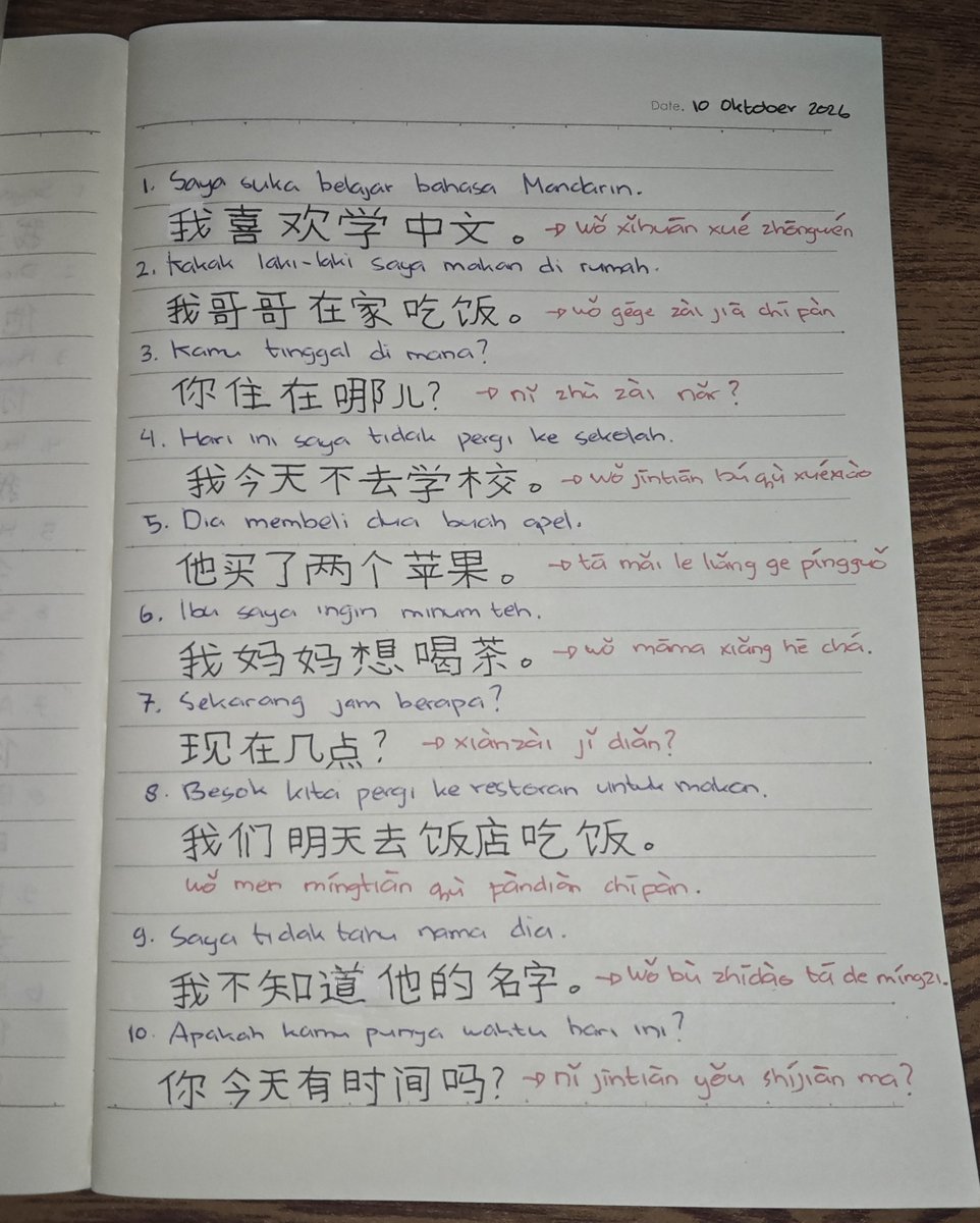 cloverish98's tweet photo. 🇨🇳 day 30 learning mandarin

translated 10 sentences and tried writing a short diary without looking up words, just writing whatever came to mind.

still made lots of mistakes, but it’s ok i’ll keep studying hard 🥹💪🏻

#学中文 #hsk1 #studytwt #langtwt #mandarin https://t.co/BTx1cL3JX7