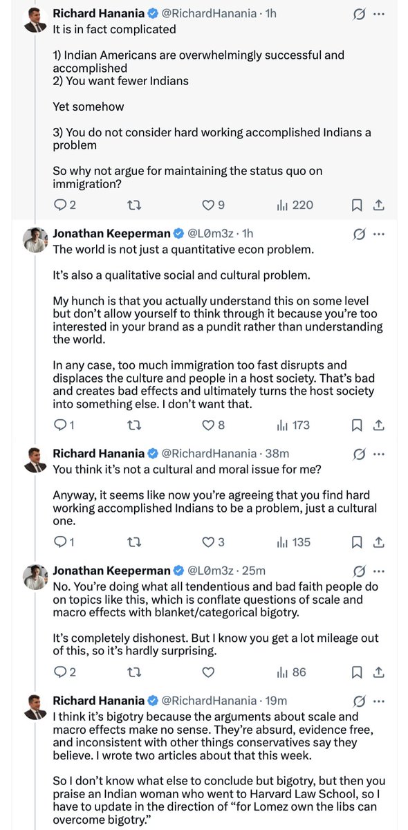 RichardHanania's tweet photo. My attempt today to try to get to the bottom of what makes someone oppose Indian immigration. 

We're talking about something with such undeniable and massive benefits that it takes a lot of motivated reasoning to convince yourself it is bad. 

It's really hard to pin down exactly what these people think and why beyond vague generalities because I think at some level they understand it makes no sense. https://t.co/84f3D646qg