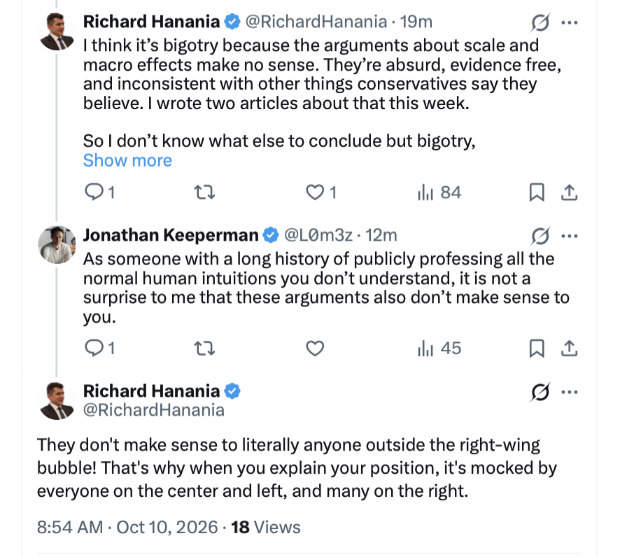 RichardHanania's tweet photo. My attempt today to try to get to the bottom of what makes someone oppose Indian immigration. 

We're talking about something with such undeniable and massive benefits that it takes a lot of motivated reasoning to convince yourself it is bad. 

It's really hard to pin down exactly what these people think and why beyond vague generalities because I think at some level they understand it makes no sense. https://t.co/84f3D646qg