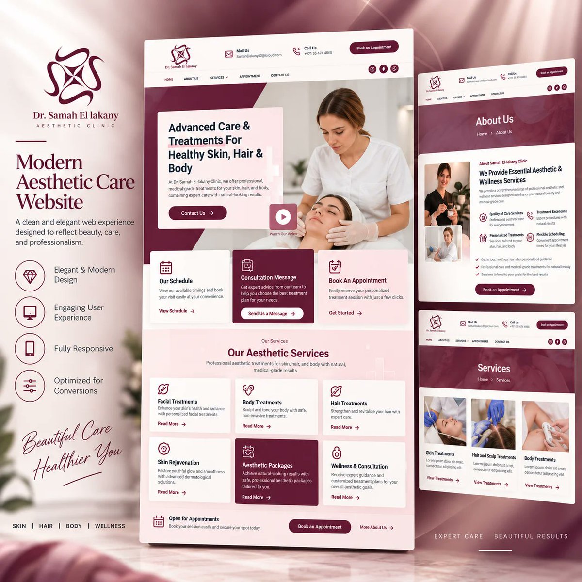 Devainer1's tweet photo. ✨ Dr. Samah El Lakany — Aesthetic Clinic Website

An elegant website designed and developed for an aesthetic clinic, featuring a refined burgundy aesthetic, intuitive UI/UX, responsive layouts.

🔗 Project: 
https://t.co/fYwuIkgpk8

#Devainer #WebDesign #UIUX #AestheticClinic https://t.co/TJRHQGObys