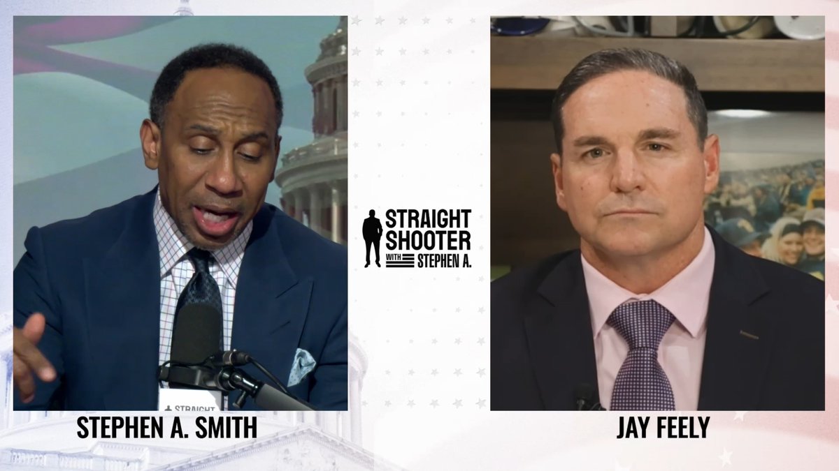 The image is a split-screen from "Straight Shooter with Stephen A." featuring host Stephen A. Smith on the left and guest Jay Feely on the right, who is a former NFL punter turned sports analyst appearing to discuss tariffs and American manufacturing jobs.