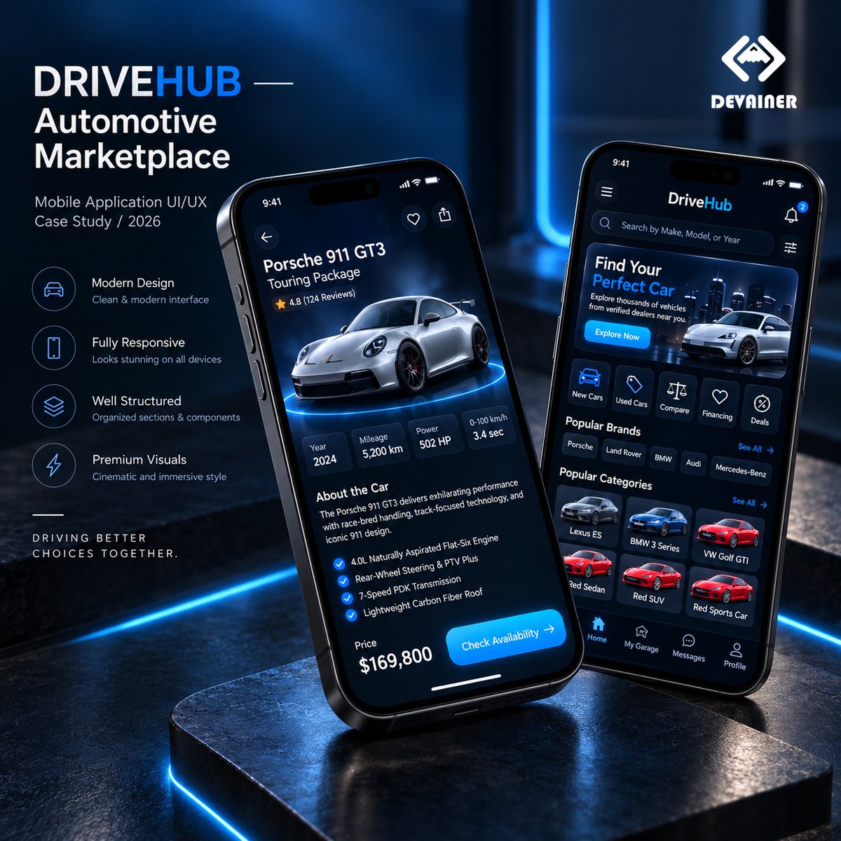 Devainer1's tweet photo. 🚗 DriveHub — Automotive Marketplace App

A premium automotive app designed and developed with a sleek dark UI, vibrant blue accents, advanced vehicle search and car comparisons.

🔗 Project: 
https://t.co/rhpZZPIBE0

#Devainer #UIUX #CarMarketplace #AppDesign https://t.co/GcsfFHFr4j