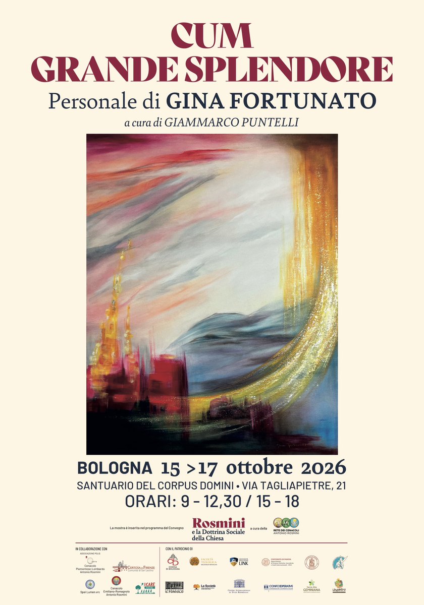 GPuntelli's tweet photo. Cum Grande Splendore è la personale di Gina Fortunato, a mia cura, al Santuario del Corpus Domini a Bologna dal 15 al 17 ottobre. Nella personale, la ricerca sulla luce del maestro che coglie l’essenza del percorso della vita portandolo ad un livello  nel quale l’infinito è l’orizzonte.