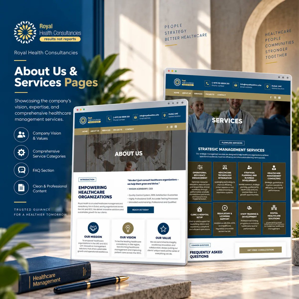Devainer1's tweet photo. 🏥 Royal Health Consultancies — Healthcare Website

A professional website designed and developed for a Dubai-based healthcare consultancy, featuring elegant navy and gold visuals, intuitive UI/UX.

🔗 Project: 
https://t.co/SFJfy555xF

#Devainer #WebDesign #UIUX #Healthcare https://t.co/SUFIV3zMys
