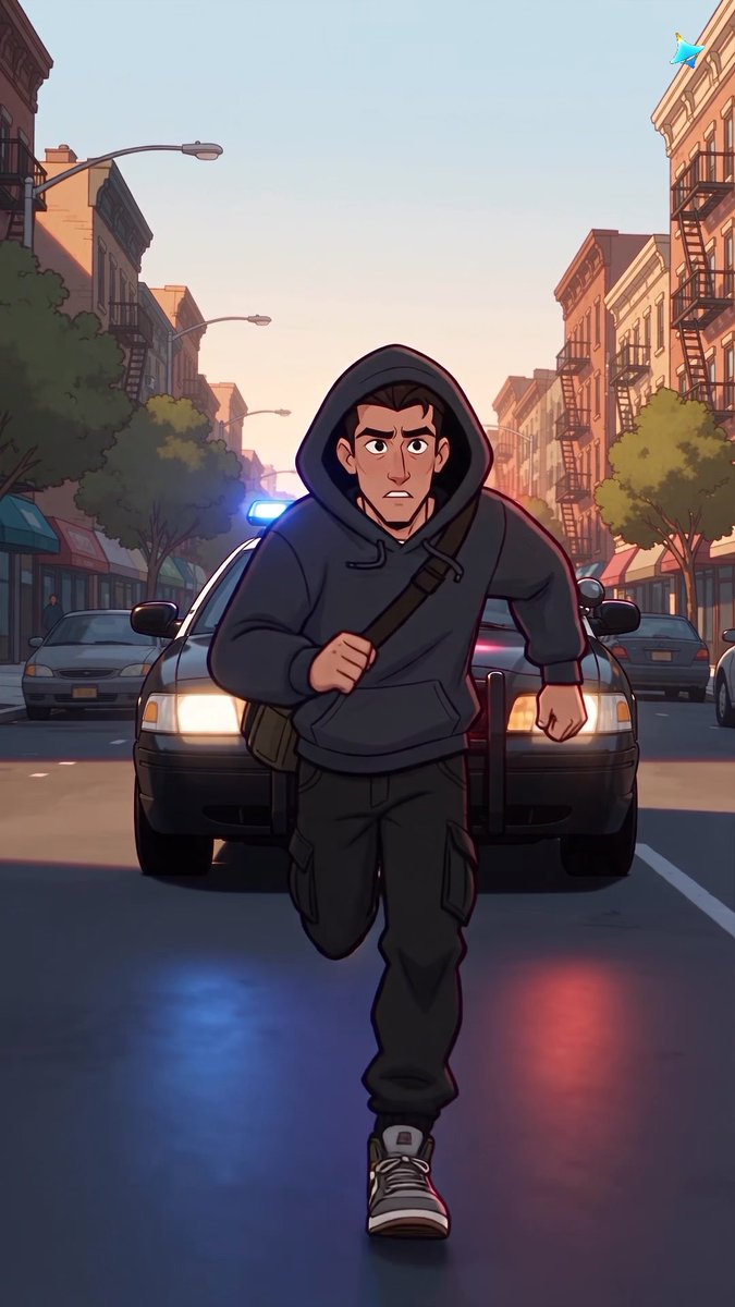 An animated illustration of a hooded man running down a city street with a police car with flashing lights behind him.