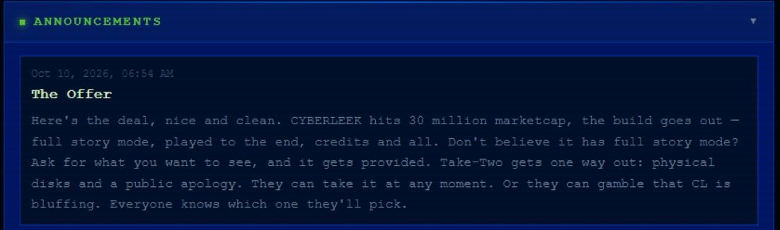 ragingluvYT's tweet photo. BREAKING: The GTA 6 leaker "CyberLeek" has finally threatened to release a playable build of GTA 6.

They claim its playable "start to finish".

Again ties it directly to a revival of his memecoin OR if Take-Two releases physical discs & a public apology.

Whether he's lying or not is certainly up for debate, but we could see some big story spoilers leaking to prove he does have a releasable build. Shit is getting real.
