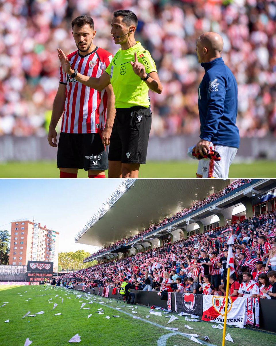 LFCTransferHub_'s tweet photo. 🚨 𝗢𝗙𝗙𝗜𝗖𝗜𝗔𝗟: The match between Rayo Vallecano and Athletic Bilbao has been permanently abandoned. 🇪🇸❌🤯

Rayo Vallecano supporters threw paper aeroplanes and rubber balls onto the pitch during the match in protest against their club president. 😤 https://t.co/SCA1g53V1c