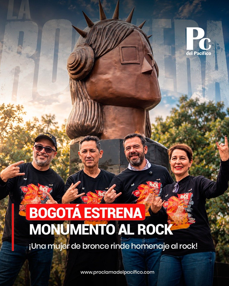Proclama's tweet photo. ¡30.000 BALAS RECICLADAS DIERON VIDA A LA ROCKERA! BOGOTÁ ESTRENA MONUMENTO AL ROCK. 🤟🏼🎸🎶

¡El rock colombiano ya tiene su propio monumento en Bogotá! Una mujer de bronce, con audífonos, taches y una estrella en el ojo, se levanta en el Parque Metropolitano Simón Bolívar para rendir homenaje a los 30 años de Rock al Parque.

Se llama La Rockera, mide 3,87 metros de altura, pesa 1.200 kilogramos y fue creada por el artista bogotano Rafael Melo, conocido como Maquiamelo.

Lo que hace particular a esta escultura es su origen: fue fabricada con bronce obtenido de aproximadamente 30.000 proyectiles reciclados, mediante la técnica de cera perdida. Material que alguna vez estuvo destinado a la fabricación de municiones terminó convertido en una obra de arte dedicada a la música.

El artista encontró inspiración en una joven que observó durante una presentación de la banda española Bala. Su imagen sirvió de referencia para crear esta figura femenina que recoge elementos de la identidad rockera.

El monumento fue inaugurado el 9 de octubre de 2026 por la Alcaldía Mayor de Bogotá, encabezada por Carlos Fernando Galán, mediante la Secretaría de Cultura, Recreación y Deporte.

La Rockera permanecerá instalada en el Parque Metropolitano Simón Bolívar, en el acceso por la calle 63, uno de los escenarios tradicionales de Rock al Parque, festival que durante tres décadas ha reunido a miles de seguidores del género.

La escultura se suma a otras intervenciones artísticas recientes de la ciudad, como Umbral, instalada en la Biblioteca Pública Virgilio Barco durante la Bienal Internacional de Arte y Ciudad BOG25.

¿QUÉ OPINA DE ESTE MONUMENTO?

¿Le gusta que el rock tenga su propia escultura en Bogotá? ¿Qué banda colombiana merece un homenaje semejante?

¡Cuéntenos en los comentarios y comparta esta publicación con ese amigo que nunca se pierde Rock al Parque!

#LaRockera #RockAlParque #Bogotá #RockColombiano 

@Bogota @CarlosFGalan