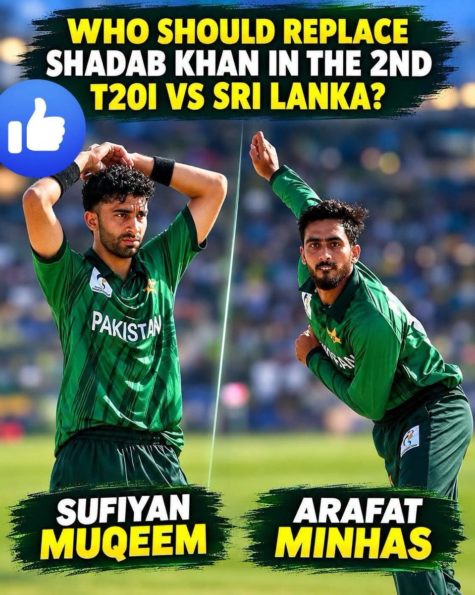 UroojNK99's tweet photo. Who should replace Shadab Khan in the 2nd T20I against Sri Lanka?
1️⃣ Sufiyan Muqeem
2️⃣ Arafat Minhas
Drop your choice in the comments below! 👇

#PakistanCricket #PAKvSL #ShadabKhan #SufiyanMuqeem #ArafatMinhas #T20I #CricketNews #PlayingXI #PakistanCricketTeam #PCB https://t.co/DUc5LZwNYV