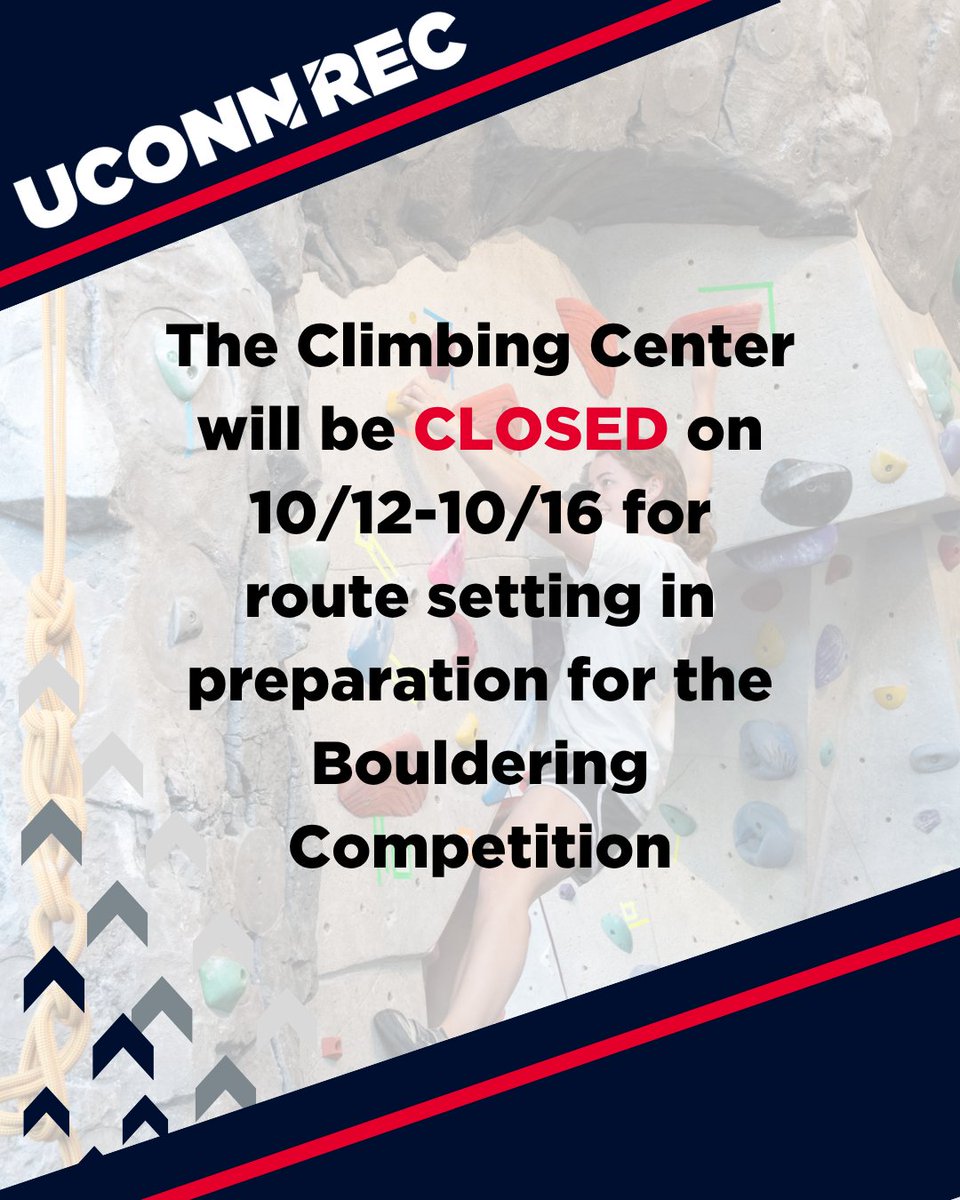 UConnRec's tweet photo. As climbers gear up for the upcoming Bouldering Competition, our Climbing Center is getting ready too! 

The Climbing Center will be closed from 10/12–10/16 for route setting. https://t.co/dgMzeRQDyk