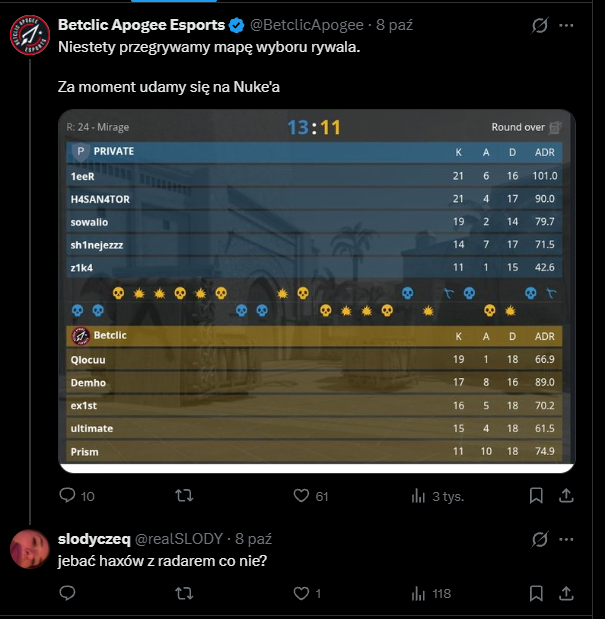 realSLODY's tweet photo. @GamerLegion no niestety, radar i fix. JEBAĆ PRIVATE, cały ten turniej i @ESIC_Official https://t.co/i9skCYTVus