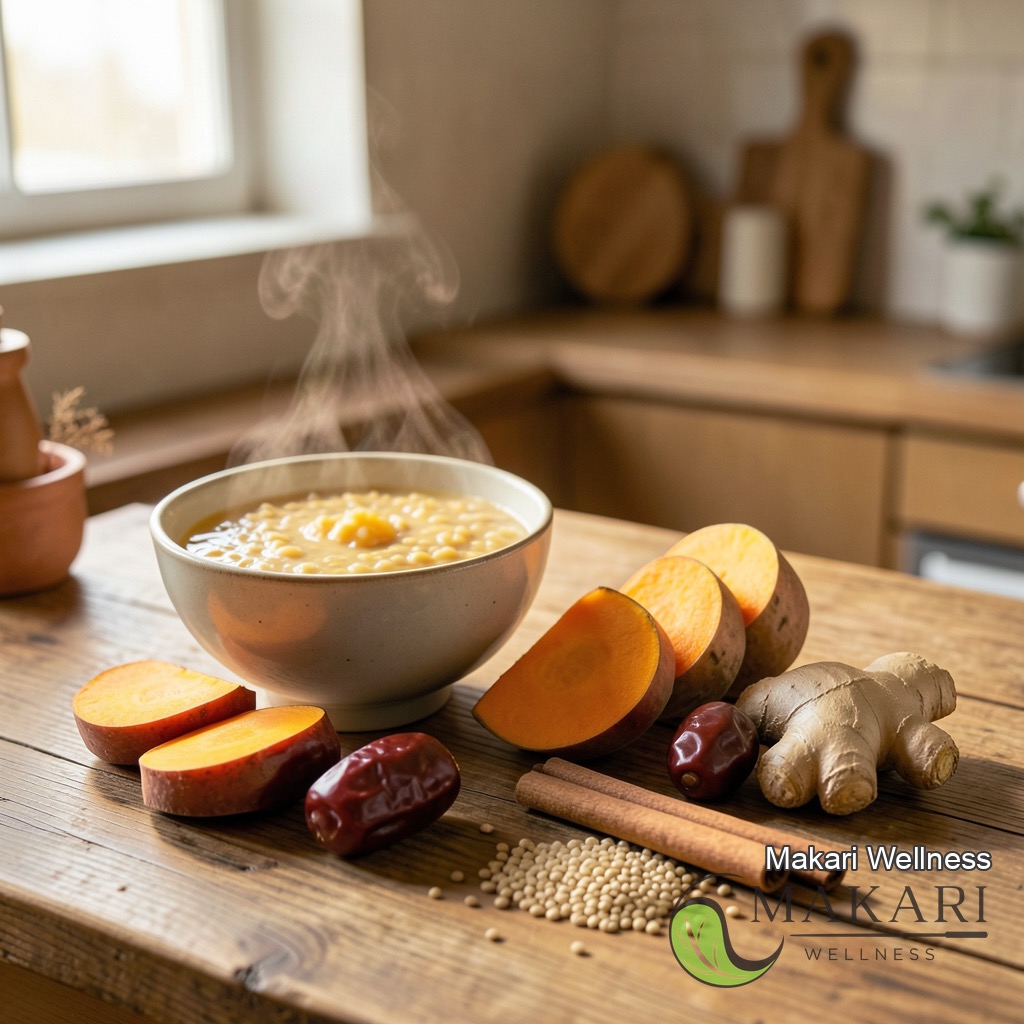 MakariWellness's tweet photo. Heavy legs and a foggy head after lunch? In TCM that can be Spleen Qi (Pi Qi, 脾氣) running thin. Warm cooked meals meet your digestion where it is — iced smoothies make it fight the cold first. Book at https://t.co/qAV3RJSkTB https://t.co/tnQZpI2Oh8