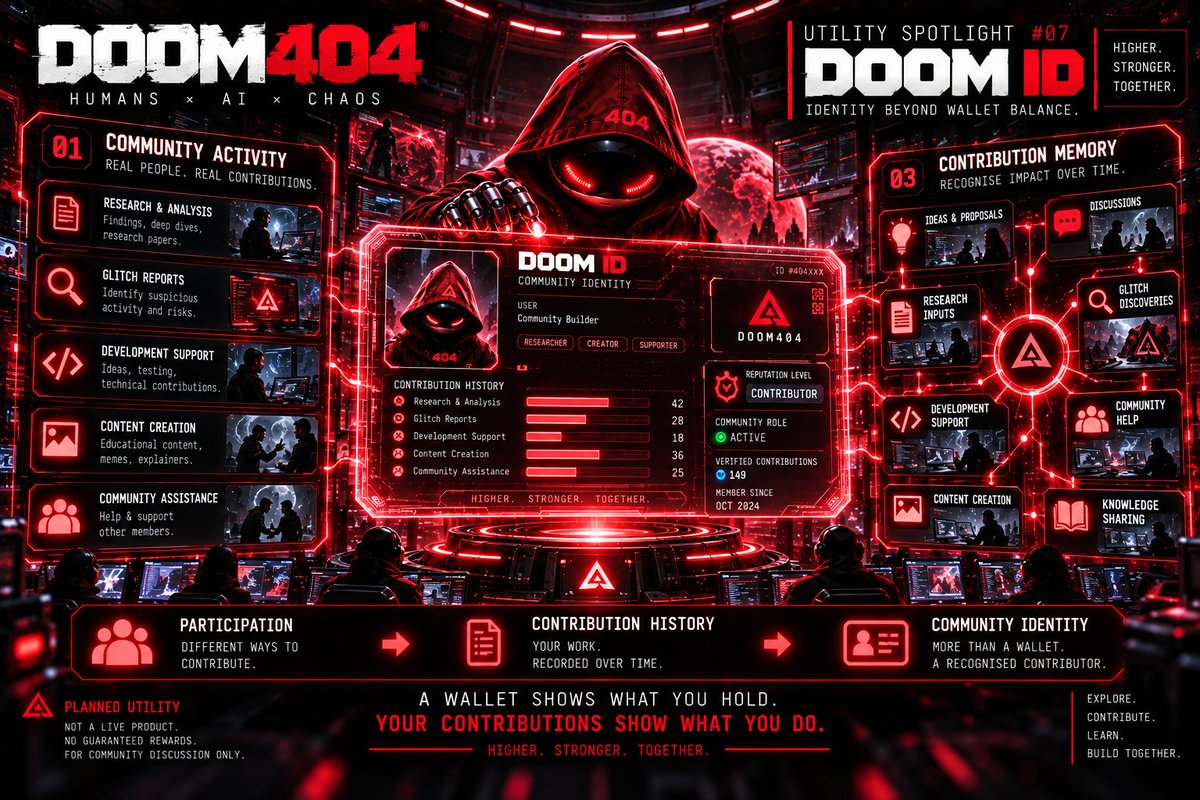DOOM404Official's tweet photo. 🔴 DOOM404 // UTILITY SPOTLIGHT #07

DOOM ID — BEYOND WALLET BALANCE

Your wallet shows what you hold.
But what shows what you contribute?

DOOM ID explores community identity built around meaningful participation.

Could contribution matter more than ownership?

🔴 Planned concept. Not live.

#DOOM404 #Web3 #Community